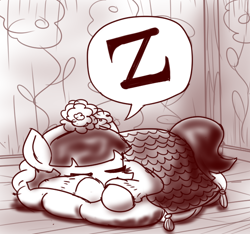 Size: 640x600 | Tagged: safe, artist:ficficponyfic, imported from derpibooru, part of a set, oc, oc only, oc:mulberry telltale, cyoa:madness in mournthread, blanket, cushion, cyoa, ears up, eyes closed, flower, head resting on leg, headband, lying down, monochrome, neckerchief, sleeping, speech bubble, story included