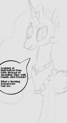 Size: 600x1100 | Tagged: safe, imported from derpibooru, princess celestia, gray background, simple background, speech bubble, word balloon