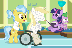 Size: 1200x800 | Tagged: safe, artist:dm29, imported from derpibooru, doctor fauna, spike, twilight sparkle, oc, oc:colin nary, alicorn, dragon, earth pony, pony, unicorn, body cast, book, dialogue, drinking straw, female, horn, hospital, male, mare, spike is not amused, stallion, twilight sparkle (alicorn), unamused, unicorn oc, waiting room, wheelchair