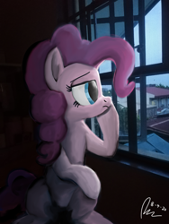Size: 3456x4608 | Tagged: safe, artist:raphaeldavid, imported from derpibooru, pinkie pie, earth pony, pony, artist signature, autodesk sketchbook, female, irl, looking out the window, photo, ponies in real life, ponk, sad, signature, solo, window