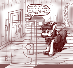 Size: 640x600 | Tagged: safe, artist:ficficponyfic, imported from derpibooru, part of a set, oc, oc only, oc:mulberry telltale, cyoa:madness in mournthread, bag, boots, clothes, counter, cyoa, door, dress, ears up, flower, headband, hole in wall, listening through door, monochrome, neckerchief, pursed lips, set brows, shawl, shoes, speech bubble, story included, transparant wall, unamused