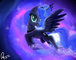 Size: 1280x1024 | Tagged: safe, artist:raphaeldavid, imported from derpibooru, princess luna, alicorn, pony, autodesk sketchbook, ethereal mane, female, flying, mare, purple background, simple background, solo, starry background