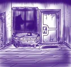 Size: 640x600 | Tagged: safe, artist:ficficponyfic, imported from derpibooru, part of a set, cyoa:madness in mournthread, cup, curtains, cyoa, door, door mat, empty room, monochrome, shadow, shadow on curtains, story included, table, teacup