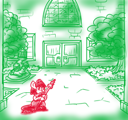 Size: 640x600 | Tagged: safe, artist:ficficponyfic, imported from derpibooru, part of a set, oc, oc only, oc:mulberry telltale, cyoa:madness in mournthread, bag, bipedal, bipedal leaning, birdcage, courtyard, cyoa, door, ears up, enchanted staff, flower, headband, horn staff, leaning, neckerchief, pathway, polearm, shrub, staff, stone wall, story included, tree, window