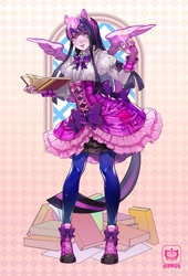 Size: 1019x1500 | Tagged: safe, artist:ippus, imported from derpibooru, twilight sparkle, alicorn, human, book, clothes, converse, dress, eared humanization, female, glowing horn, horn, horned humanization, humanized, leggings, shoes, solo, twilight sparkle (alicorn), winged humanization, wings