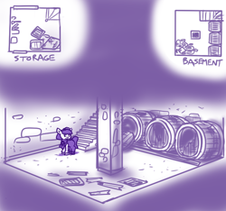 Size: 640x600 | Tagged: safe, artist:ficficponyfic, imported from derpibooru, part of a set, oc, oc only, oc:mulberry telltale, cyoa:madness in mournthread, bag, barrel, broken, broken barrel, cellar, celler, crate, cyoa, debris, ears up, floor plan, flower, headband, monochrome, neckerchief, overhead view, pillar, simple face, stares, story included, text