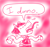 Size: 640x600 | Tagged: safe, artist:ficficponyfic, imported from derpibooru, part of a set, oc, oc only, oc:mulberry telltale, cyoa:madness in mournthread, bag, beady eyes, cyoa, ears up, flower, headband, monochrome, neckerchief, saliva droplets, simple face, speech bubble, spit spray, squiggly, story included, teeth, text, tiny eyes, tongue out, wavy arms, wavy tongue