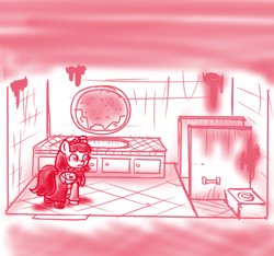 Size: 640x600 | Tagged: safe, artist:ficficponyfic, imported from derpibooru, part of a set, oc, oc only, oc:mulberry telltale, cyoa:madness in mournthread, bag, bathroom, bathroom stall, boots, broken mirror, cabinet, cyoa, dirty, ears up, empty toilet paper spool, flower, headband, monochrome, neckerchief, shoes, sink, story included, toilet, wide eyes