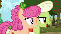 Size: 1280x720 | Tagged: safe, imported from derpibooru, screencap, apple rose, granny smith, earth pony, pony, apple family reunion, duo, duo female, female, mare, open mouth, young, young apple rose, young granny smith, younger