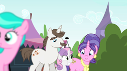 Size: 1280x720 | Tagged: safe, imported from derpibooru, screencap, aquamarine, cookie crumbles, hondo flanks, sweetie belle, pony, unicorn, inspiration manifestation, cookieflanks, female, filly, male, mare, shipping, stallion, straight