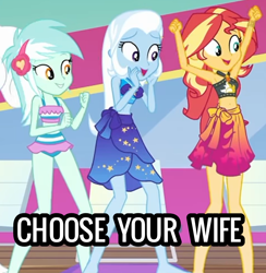 Size: 1144x1173 | Tagged: safe, edit, edited screencap, imported from derpibooru, screencap, lyra heartstrings, sunset shimmer, trixie, equestria girls, equestria girls series, i'm on a yacht, spoiler:eqg series (season 2), armpits, beach shorts swimsuit, belly button, bikini, bikini bottom, bikini top, chair, choose your wife, clothes, cropped, cute, diatrixes, female, frilled swimsuit, geode of empathy, geode of fauna, geode of shielding, geode of sugar bombs, geode of super speed, geode of super strength, geode of telekinesis, lyra's beach shorts swimsuit, lyrabetes, magical geodes, sarong, shimmerbetes, sleeveless, sunset shimmer beach shorts swimsuit, sunset shimmer's beach shorts swimsuit, swimsuit, swimsuit lyra heartstrings, swimsuit sunset shimmer, swimsuit trixie, trio, trio female, trixie beach shorts swimsuit, trixie's beach shorts swimsuit