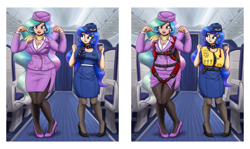 Size: 4500x2677 | Tagged: safe, artist:king-kakapo, imported from derpibooru, princess celestia, princess luna, human, airline, breasts, busty princess celestia, busty princess luna, cleavage, clothes, commission, dress, duo, duo female, female, flight attendant, hat, high heels, humanized, lifejacket, pantyhose, parachute, scarf, shoes, side slit, skirt, skirt lift, skirt suit, stewardess, suit