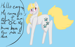 Size: 1024x643 | Tagged: safe, artist:pawstheartest, imported from derpibooru, oc, oc only, pony, unicorn, blue background, chest fluff, female, horn, mare, paw prints, raised hoof, simple background, solo, talking, unicorn oc