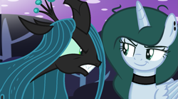 Size: 1209x670 | Tagged: safe, artist:lominicinfinity, imported from derpibooru, queen chrysalis, oc, oc:infinity mi rosalinda, alicorn, pony, discorded