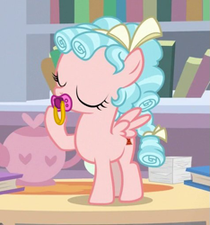 Size: 475x508 | Tagged: safe, alternate version, artist:lynnthenerdkitty, edit, edited screencap, imported from derpibooru, screencap, cozy glow, pegasus, pony, what lies beneath, book, bookshelf, cropped, eyes closed, female, filly, pacifier, raised hoof, solo, teapot