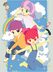 Size: 531x729 | Tagged: safe, artist:aerishikari, imported from derpibooru, apple bloom, scootaloo, sweetie belle, human, adorabloom, candies, candy, cloud, cute, cutealoo, cutie mark crusaders, diasweetes, female, food, humanized, oekaki, pose, rainbow, trio, trio female