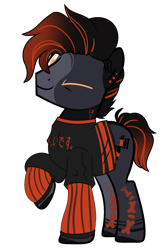 Size: 1377x2057 | Tagged: safe, artist:pegasski, artist:rukemon, imported from derpibooru, oc, oc only, oc:darkened ink, earth pony, pony, base used, clothes, commission, ear piercing, earring, jewelry, male, markings, one eye closed, piercing, raised hoof, shirt, simple background, solo, stallion, tattoo, transparent background, wink