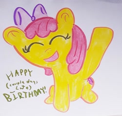 Size: 1280x1221 | Tagged: safe, artist:dex stewart, imported from derpibooru, apple bloom, earth pony, pony, female, happy birthday, michelle creber, simple background, solo, traditional art, waving