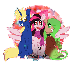 Size: 3049x2659 | Tagged: safe, artist:crazysketch101, imported from derpibooru, oc, oc only, earth pony, pegasus, pony, unicorn, bow, circle background, commission, hair bow, simple background, solo, white background