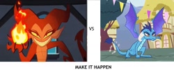 Size: 1777x718 | Tagged: safe, imported from derpibooru, screencap, princess ember, dragon, triple threat, dc superhero girls, ember (dc superhero girls), exploitable meme, fire, grin, make it happen, meme, smiling, superhero landing