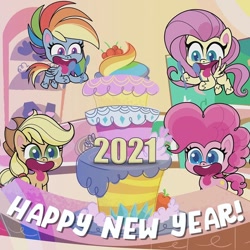 Size: 1080x1080 | Tagged: safe, imported from derpibooru, applejack, fluttershy, pinkie pie, rainbow dash, earth pony, pegasus, pony, my little pony: pony life, cake, food, g4.5, happy new year, happy new year 2021, holiday, instagram, official, open mouth, pony life, silly, silly pony, tongue out, who's a silly pony