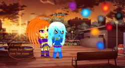 Size: 1280x700 | Tagged: safe, artist:rubyfan1234, imported from derpibooru, adagio dazzle, trixie, equestria girls, chibi, female, lesbian, shipping, triagio