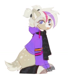 Size: 891x1026 | Tagged: safe, artist:orchidpony, imported from derpibooru, oc, oc only, deer, clothes, deer oc, eye clipping through hair, leg warmers, looking at you, scarf, simple background, sitting, smiling, solo, white background