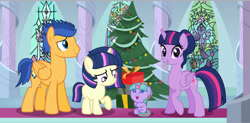 Size: 1280x630 | Tagged: safe, artist:crystalrainbowlife, imported from derpibooru, flash sentry, twilight sparkle, oc, oc:fantasy wish, oc:stardust sentry, alicorn, pegasus, pony, base used, christmas, christmas tree, family, female, flashlight, holiday, male, offspring, parent:flash sentry, parent:twilight sparkle, parents:flashlight, present, shipping, stained glass, straight, tree, twilight sparkle (alicorn)