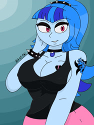 Size: 1932x2576 | Tagged: safe, artist:c_w, imported from derpibooru, sonata dusk, equestria girls, breasts, busty sonata dusk, cleavage, eyelashes, eyeshadow, goth, gothic sonata, hand on face, jewelry, looking at you, makeup, pendant, smiling, smiling at you, tattoo, wristband