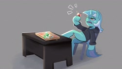Size: 1920x1080 | Tagged: safe, artist:another_pony, imported from derpibooru, lyra heartstrings, oc, oc:anon, human, pony, unicorn, fanfic:background pony, alcohol, beer, chair, clothes, dig the swell hoodie, drunk, food, futurama, hoodie, philip j. fry, pizza, pizza box, solo