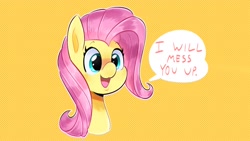 Size: 1920x1080 | Tagged: safe, artist:another_pony, imported from derpibooru, fluttershy, pegasus, pony, badass, bust, cute, dialogue, flutterbadass, portrait, shyabetes, smiling, solo, speech bubble, threat
