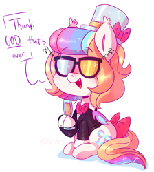 Size: 1013x1132 | Tagged: safe, artist:awoomarblesoda, imported from derpibooru, oc, oc only, oc:frosting, bat pony, pony, 2021, bow, bowtie, champagne glass, clothes, female, happy new year, happy new year 2021, hat, holiday, mare, new year, open mouth, simple background, sitting, smiling, solo, suit, sunglasses, tail bow, top hat, white background