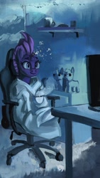 Size: 2160x3840 | Tagged: safe, artist:toisanemoif, imported from derpibooru, fizzlepop berrytwist, tempest shadow, pony, unicorn, blanket, broken horn, chair, computer monitor, cozy, drink, female, glowing horn, horn, hot drink, indoors, looking at something, mare, monitor, mug, office chair, plushie, sitting, solo, table, watching