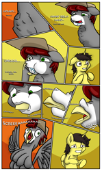 Size: 5075x8526 | Tagged: safe, artist:khaki-cap, imported from derpibooru, oc, oc:khaki-cap, oc:tommy the human, alicorn, bird, earth pony, griffon, pony, comic:magical mishaps, absurd resolution, alicorn oc, asphyxiation, beak, birb, claws, comic, comic page, commissioner:bigonionbean, confused, crying, disturbing, earth pony oc, feather, forced, griffon oc, griffonized, horn, jean thicc, multiple characters, muzzle, open beak, open mouth, pain, pony to griffon, salivating, snorting, species swap, swelling, throat bulge, transformation, transformation sequence, wings, worried, writer:bigonionbean