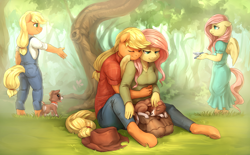 Size: 4172x2588 | Tagged: safe, alternate version, artist:audrarius, derpibooru exclusive, imported from derpibooru, applejack, fluttershy, winona, anthro, bird, dog, unguligrade anthro, applejack's hat, appleshy, blushing, breasts, clothes, colored pupils, cowboy hat, cute, dress, eyes closed, female, flashback, floppy ears, forest, hat, hug, hug from behind, implied tail hole, jackabetes, jeans, lesbian, lidded eyes, looking down, overalls, pants, petting, scenery, shipping, shirt, shyabetes, sweater, sweatershy, tongue out, younger