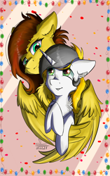 Size: 1080x1720 | Tagged: safe, artist:yuris, imported from derpibooru, oc, oc only, oc:yellowglaze, oc:yuris, pegasus, pony, unicorn, christmas, holiday