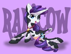 Size: 2600x2000 | Tagged: safe, artist:geraritydevillefort, imported from derpibooru, rarity, cow, cow pony, original species, unicorn, bell, cowbell, cowified, horn, open mouth, raricow, solo, species swap, udder