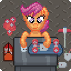 Size: 384x384 | Tagged: safe, artist:nitobit, artist:silent pone, derpibooru exclusive, imported from derpibooru, scootaloo, pegasus, pony, animated, cute, cutealoo, desk, female, filly, fixing, gif, pixel art, scooter, solo, sparks, switch, toolbox, tools, upgrade, wheel, wires