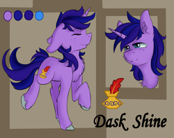 Size: 1942x1539 | Tagged: safe, artist:yuris, imported from derpibooru, oc, oc only, oc:dask shine, pony, unicorn, abstract background, floppy ears, horn, reference, reference sheet, solo, unicorn oc