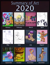 Size: 2850x3700 | Tagged: safe, artist:redquoz, imported from derpibooru, applejack, derpy hooves, fluttershy, pinkie pie, rainbow dash, rarity, sweetie belle, twilight sparkle, oc, oc:allegra mazarine, oc:ardent dusk, oc:crystal jade, anthro, bird, bird pone, earth pony, pegasus, pony, unicorn, 2020, anthro oc, collage, hatless, mane six, missing accessory