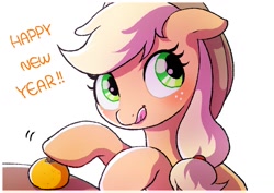 Size: 1457x1032 | Tagged: safe, artist:mochi_nation, imported from derpibooru, applejack, pony, cute, food, freckles, happy new year, holiday, jackabetes, new year, orange, simple background, solo, table, tongue out, white background