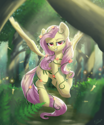 Size: 1600x1920 | Tagged: safe, artist:evedizzy26, imported from derpibooru, fluttershy, pegasus, pony, alternate eye color, bedroom eyes, crepuscular rays, female, flower, flying, forest, grin, lidded eyes, looking at you, mare, poison ivyshy, red eyes, slim, smiling, solo, spread wings, tangled up, thin, vine, wings