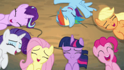 Size: 600x338 | Tagged: safe, imported from derpibooru, screencap, applejack, fluttershy, pinkie pie, rainbow dash, rarity, starlight glimmer, twilight sparkle, alicorn, earth pony, pegasus, pony, unicorn, the mean 6, alternate mane seven, animated, cropped, cute, dashabetes, diapinkes, gif, glimmerbetes, group, jackabetes, laughing, lying down, mane six, on back, on ground, raribetes, shyabetes, smiling, twiabetes, twilight sparkle (alicorn)