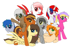 Size: 3500x2200 | Tagged: safe, artist:ponynamedmixtape, imported from derpibooru, oc, oc only, oc:cobalt ribbon, oc:deepest apologies, oc:graeyscale, oc:greyscale, oc:mixtape, oc:nimpone, oc:retro hearts, oc:rosalie, oc:scribs, oc:skywatch, earth pony, pegasus, pony, unicorn, derpibooru community collaboration, 2021 community collab, group, simple background, transparent background