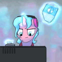 Size: 800x800 | Tagged: safe, artist:captainhoers, imported from ponybooru, oc, oc only, oc:candy chip, pony, unicorn, the sunjackers, animated, canterlot, cyberpunk, female, glowing horn, horn, magic, mare, new canterlot, telekinesis