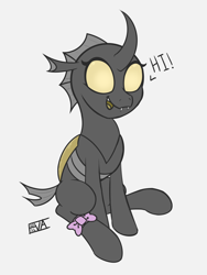Size: 3000x4000 | Tagged: safe, artist:evan555alpha, imported from ponybooru, oc, oc only, oc:konica, changeling, bow, changeling oc, cute, dialogue, exclamation point, fangs, female, happy, open mouth, ribbon, signature, simple background, sitting, solo, text, white background, yellow changeling, yellow eyes