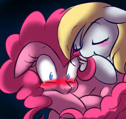 Size: 583x550 | Tagged: dead source, safe, artist:senseidezzy, deleted from derpibooru, imported from ponerpics, imported from ponybooru, derpy hooves, pinkie pie, earth pony, pegasus, pony, blushing, derpypie, ears, female, floppy ears, lesbian, mare, no pupils, shipping