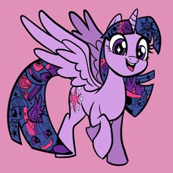 Size: 2048x2048 | Tagged: dead source, safe, artist:sophieascruggs, artist:sophillia, imported from derpibooru, part of a set, spike, twilight sparkle, alicorn, pony, big crown thingy, book, cute, decorative hatching, element of magic, faic, female, future twilight, grin, jewelry, mare, multeity, pink background, pudding face, regalia, simple background, smiling, solo, sparkle sparkle sparkle, twiabetes, twilight sparkle (alicorn)