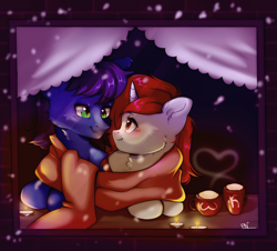 Size: 1920x1732 | Tagged: safe, artist:pledus, imported from derpibooru, oc, oc only, oc:keygun, oc:waves, pony, unicorn, candle, clothes, duo, female, male, oc x oc, scarf, shipping, winter