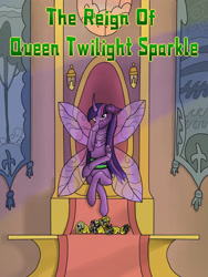 Size: 2736x3648 | Tagged: safe, artist:gloomradiancy, imported from derpibooru, twilight sparkle, alicorn, changeling, fanfic:hard reset, fanfic:the reign of queen twilight sparkle, changelingified, corrupted, corrupted twilight sparkle, element of generosity, element of honesty, element of kindness, element of laughter, element of loyalty, element of magic, elements of harmony, fanfic, fanfic art, fanfic cover, purple changeling, smiling, solo, species swap, throne, throne room, twilight sparkle (alicorn), twiling, tyrant sparkle